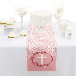 Big Dot Of Happiness Pink Elegant Cross - Petite Girl Religious Party Paper Table Runner - 12 X 60 Inches