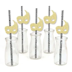 Big Dot Of Happiness Gold Glitter Masks Party Straws - No-Mess Real Glitter Cut-Outs & Decorative Masquerade Mardi Gras Party Paper Straws - Set Of 24