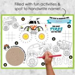 Big Dot Of Happiness Smash And Crash - Monster Truck - Paper Boy Birthday Party Coloring Sheets - Activity Placemats - Set Of 16