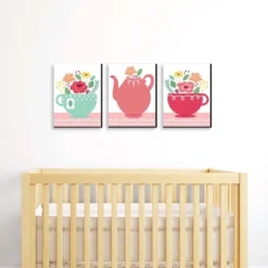 Big Dot Of Happiness Floral Let's Par-Tea - Garden Tea Party Nursery Wall Art And Kids Room Decor - 7.5 X 10 Inches - Set Of 3 Prints