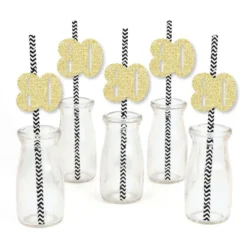 Big Dot Of Happiness Gold Glitter 80 Party Straws - No-Mess Real Gold Glitter Cut-Out Numbers & Decorative 80th Birthday Party Paper Straws - 24 Ct