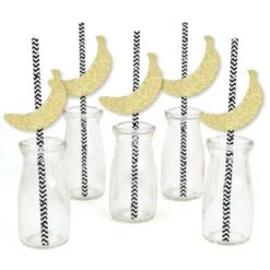 Big Dot Of Happiness Gold Glitter Banana Party Straws - No-Mess Real Gold Glitter Cut-Outs And Decorative Tropical Party Paper Straws - Set Of 24