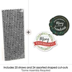 Big Dot Of Happiness Rustic Merry Friendsmas - Paper Straw Decor - Friends Christmas Party Striped Decorative Straws - Set Of 24