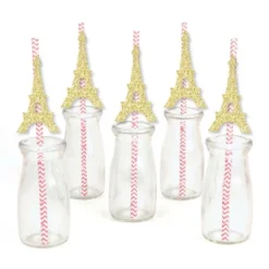 Big Dot Of Happiness Gold Glitter Eiffel Tower Party Straws - No-Mess Real Glitter Cut-Outs & Baby Shower Or Birthday Party Paper Straws - Set Of 24