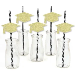 Big Dot Of Happiness Gold Glitter Grad Cap Party Straws - No-Mess Real Gold Glitter Cut-Outs & Decorative Graduation Party Paper Straws - Set Of 24