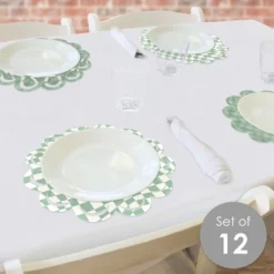 Big Dot Of Happiness Sage Green Checkered Party - Round Table Decorations - Paper Chargers - Place Setting For 12
