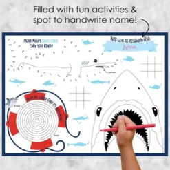 Big Dot Of Happiness Shark Zone - Paper Jawsome Shark Birthday Party Coloring Sheets - Activity Placemats - Set Of 16