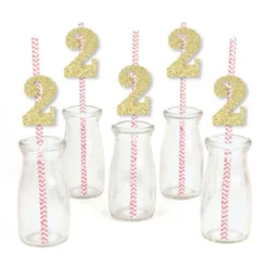 Big Dot Of Happiness Gold Glitter 2 Party Straws - No-Mess Real Gold Glitter Cut-Out Numbers & Decorative 2nd Birthday Party Paper Straws - Set Of 24