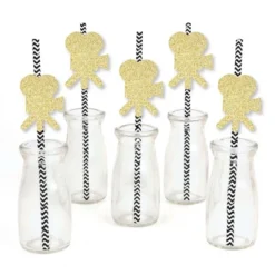 Big Dot Of Happiness Gold Glitter Movie Camera Party Straws - No-Mess Real Glitter Cut-Outs And Decorative Movie Night Party Paper Straws - Set Of 24