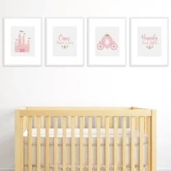 Big Dot Of Happiness Little Princess Crown - Unframed Pink & Gold Castle Nursery And Kids Room Linen Paper Wall Art - Set Of 4 Artisms - 8 X 10 Inches