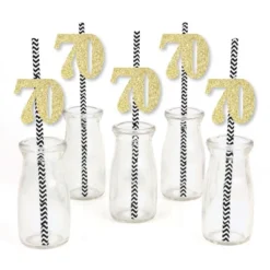 Big Dot Of Happiness Gold Glitter 70 Party Straws - No-Mess Real Gold Glitter Cut-Out Numbers - 70th Birthday Paper Straws - Set Of 24