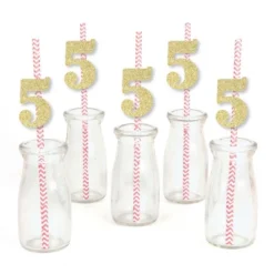 Big Dot Of Happiness Gold Glitter 5 Party Straws - No-Mess Real Gold Glitter Cut-Out Numbers & Decorative 5th Birthday Party Paper Straws - Set Of 24