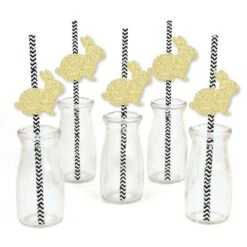 Big Dot Of Happiness Gold Glitter Bunnies Party Straws - No-Mess Real Gold Glitter Cut-Outs & Decorative Easter Paper Straws - Set Of 24