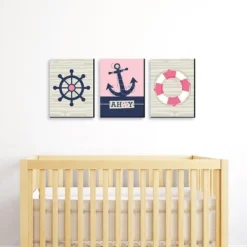 Big Dot Of Happiness Ahoy - Nautical Girl - Pink Nursery Wall Art And Kids Room Decorations - Gift Ideas - 7.5 X 10 Inches - Set Of 3 Prints