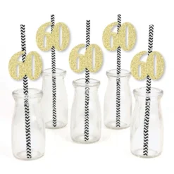 Big Dot Of Happiness Gold Glitter 60 Party Straws - No-Mess Real Gold Glitter Cut-Out Numbers & Decorative 60th Birthday Party Paper Straws - 24 Ct