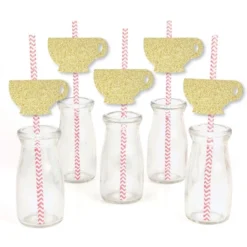 Big Dot Of Happiness Gold Glitter Tea Cup Party Straws - No-Mess Real Gold Glitter Cut-Outs And Decorative Garden Tea Party Paper Straws - Set Of 24