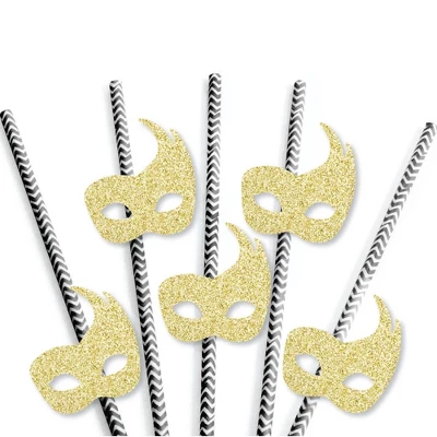 Big Dot Of Happiness Gold Glitter Masks Party Straws - No-Mess Real Glitter Cut-Outs & Decorative Masquerade Mardi Gras Party Paper Straws - Set Of 24 2 Big Dot Of Happiness Gold Glitter Masks Party Straws - No-Mess Real Glitter Cut-Outs & Decorative Masquerade Mardi Gras Party Paper Straws - Set Of 24 - Image 2