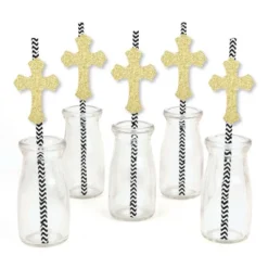 Big Dot Of Happiness Gold Glitter Cross Party Straws - No-Mess Real Glitter Cut-Outs & Decorative Baptism Or Baby Shower Paper Straws - Set Of 24
